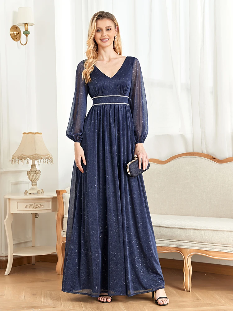 XUIBOL Elegant Women's A Line Shining Evening Dress Tulle Long Sleeves