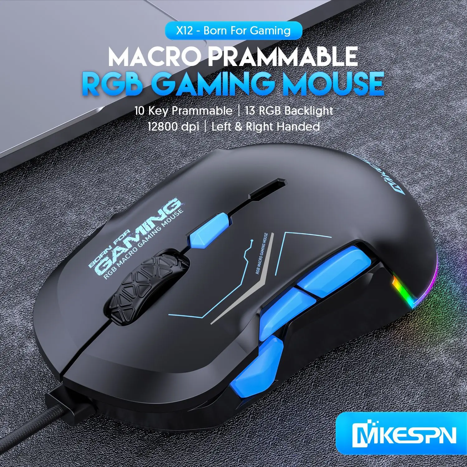 

12800DPI Right and Left handed Macro Gaming Mouse Both hands 10 Programmable Keys Game Mouse RGB Light Max to 6 levels DPI