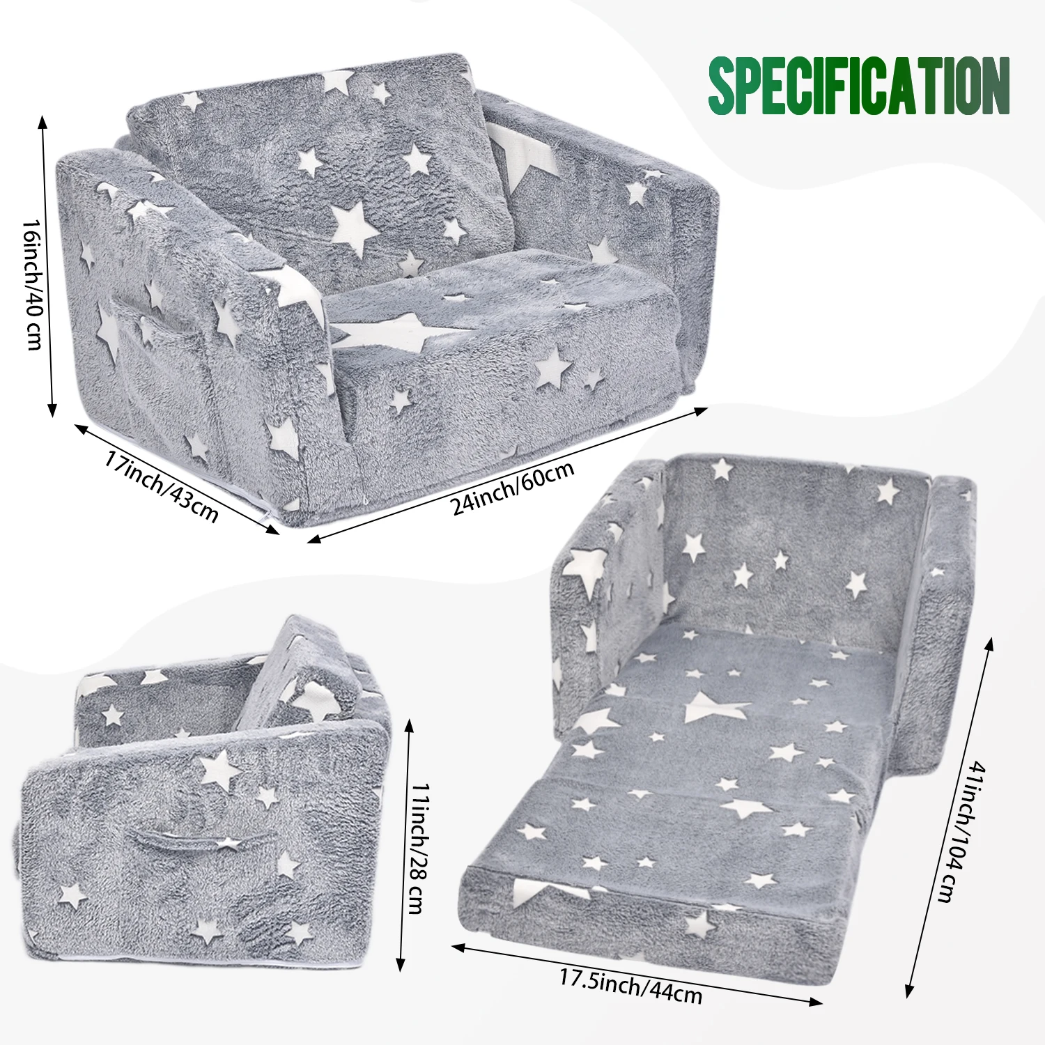 컨버터블 어린이 소파 의자, 놀이방 접이식 라운지 소파, 여아 및 남아용 접이식  소파, 빛나는 별 쿠션