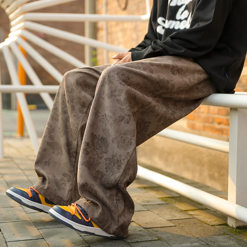 Summer Casual Pants Elastic Waist Straight Wide Leg Printed Pants Baggy Japanese Lightweight Trousers