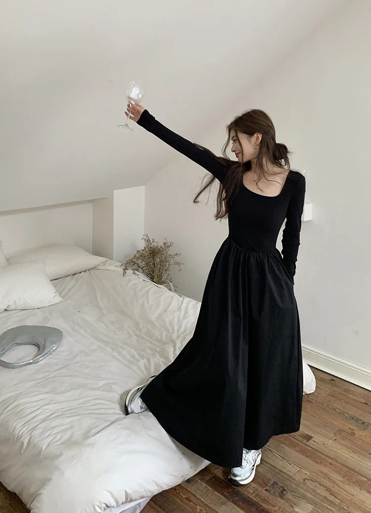 Casual Knitted Midi Dresses for Women Solid Long Sleeves Square Collar A-line Autumn New Elegant Dress Female Slim Vestidos