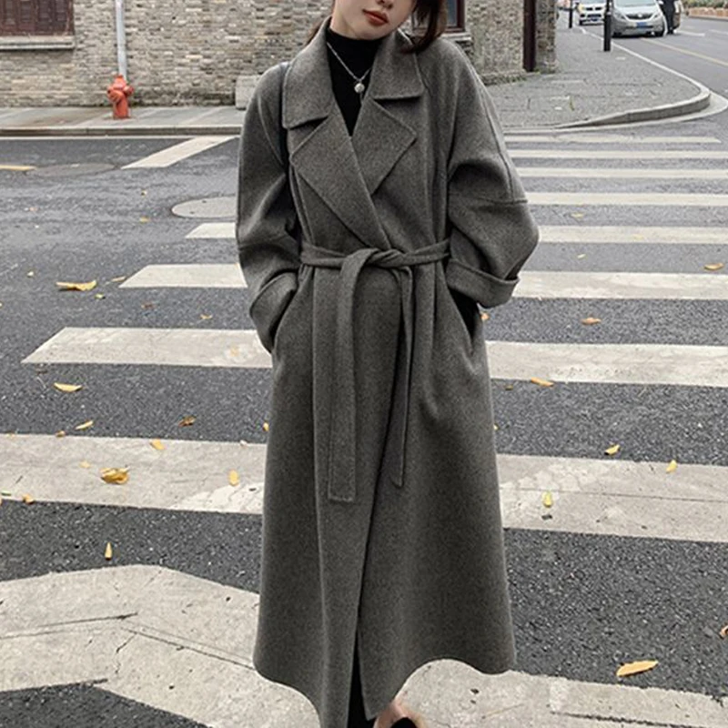 2023 Autumn Winter Women Trendy Lace Up Vintage Simple Woolen Coat Female Korean Oversize Chic Jacket Solid Long Sleeve Overcoat