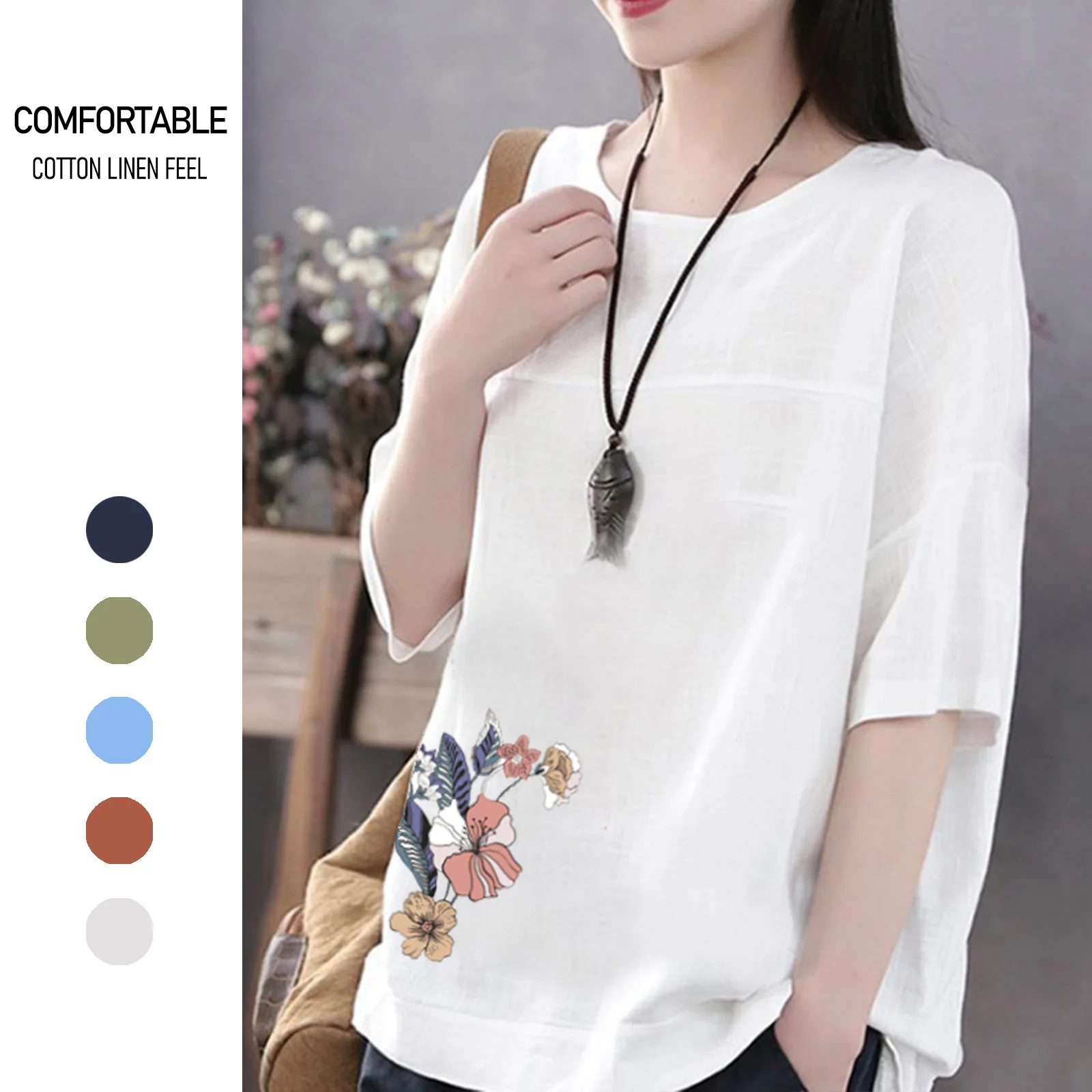 Cotton Linen Floral Print Blouse for Women Summer