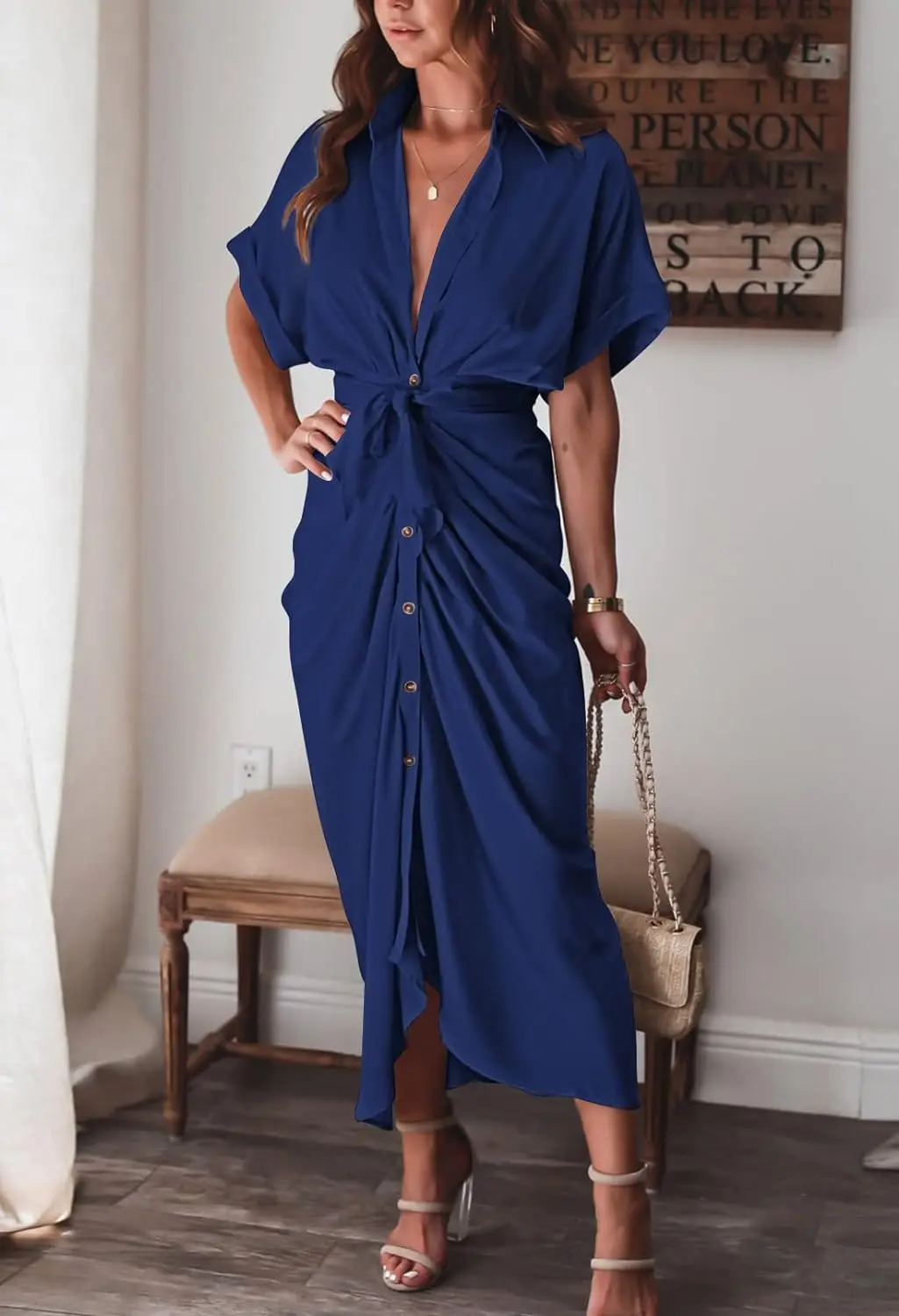 Vestido camisero con botones de satén para mujer, novedad de