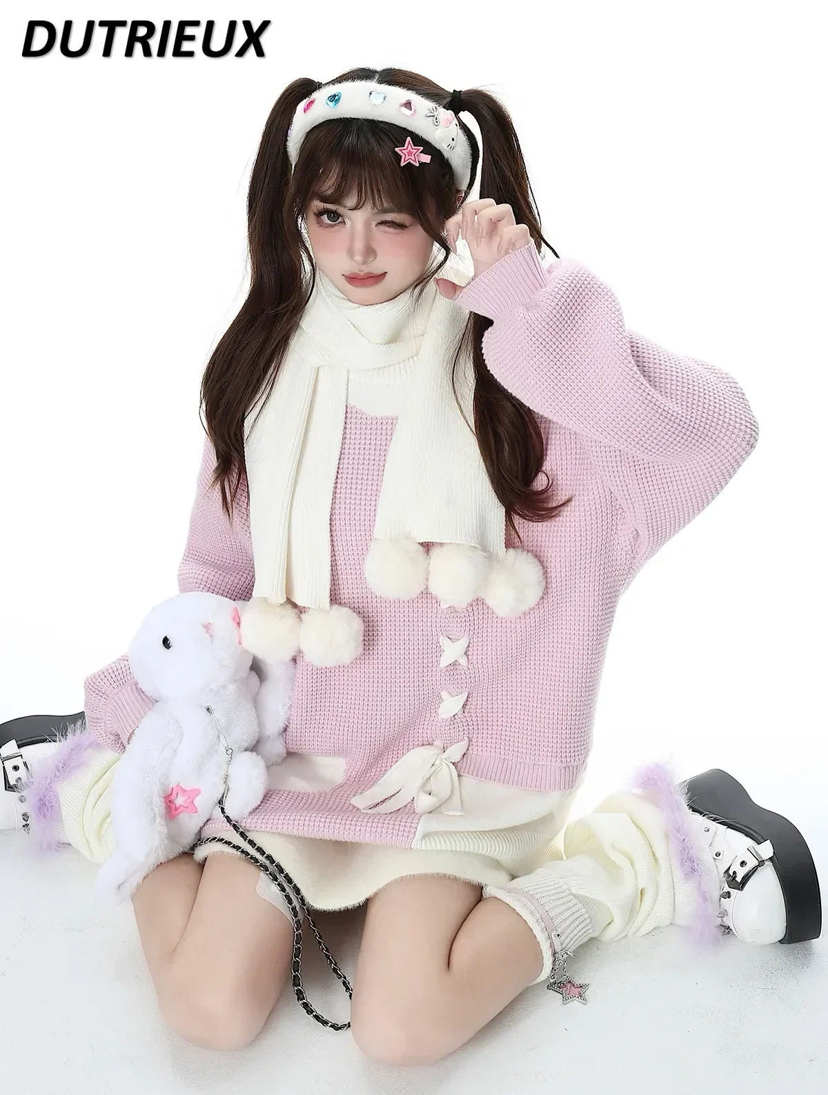 

Japanese Sweet Girl Love Lace-up Sweater Autumn and Winter New Color Matching Long Sleeve Loose Knitted Pullover with Scarf