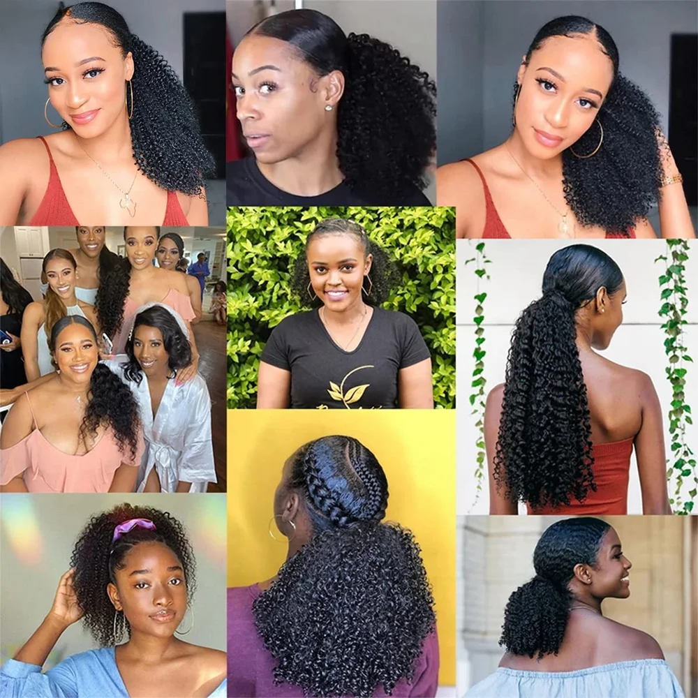 Kinky Curly Human Hair Ponytail Clip in Extensions 100% Brazilian Hair Drawstring Clip in Ponytail Hair Extensions Natural Color