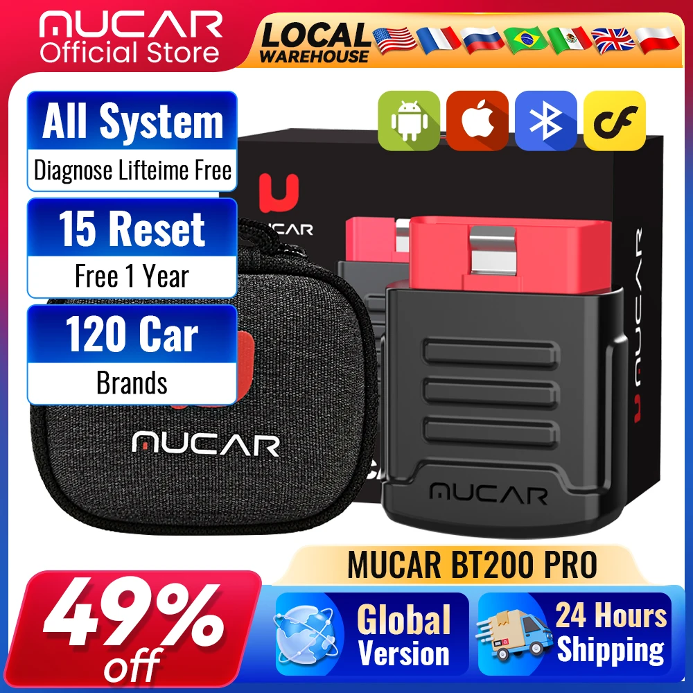 MUCAR BT200/BT200 Pro OBD2 Scanner Diagnostic Tool Bluetooth, Full System Automotive Scan Tool Free Oil/SAS 15 Reset Code Reader