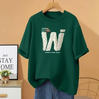 Summer Letter Printed O-neck Short Sleeve Top Tee 100% Cotton Casual Loose Pullovers Women Clothing Vintage Chic T-shirt 2