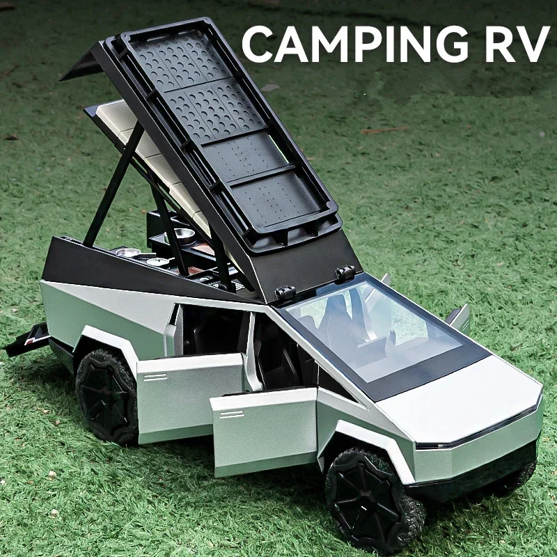 Modelo A Escala 1/32 De Tesla Cybertruck Con Motocicleta - Aleación De Zinc, Sonido Y Luces, Juguete Para Niños O Coleccionista