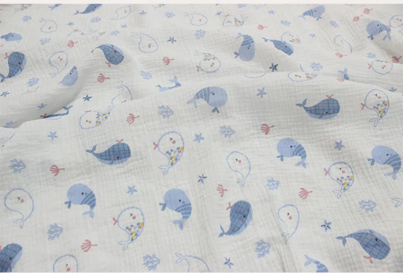 100x135cm Double Gauze Cotton Crepe Fabric Cute Whale Printed Cotton Seersucker Fabric for DIY Sewing Baby Dress Cloth