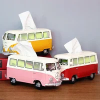 Bus Model Figurines Retro Car Tissue Holder Dustproof Napkin Storage Box Paper Case Ornament for Office Home 1