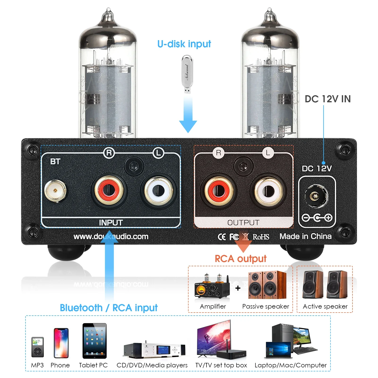 Douk Áudio Mini Tubo de Vácuo Preamp Alta Fidelidade Bluetooth 5.0 Áudio Estéreo Pré-amplificador Jogador Usb com Controle de Graves Agudos - Image 3