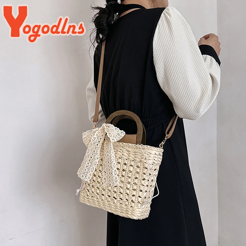 Straw Bag Women Hand-Woven Handbag Small square bag Shape Lace Bow Rattan Capacity Casual Beach Shoulder Crossbody Bag