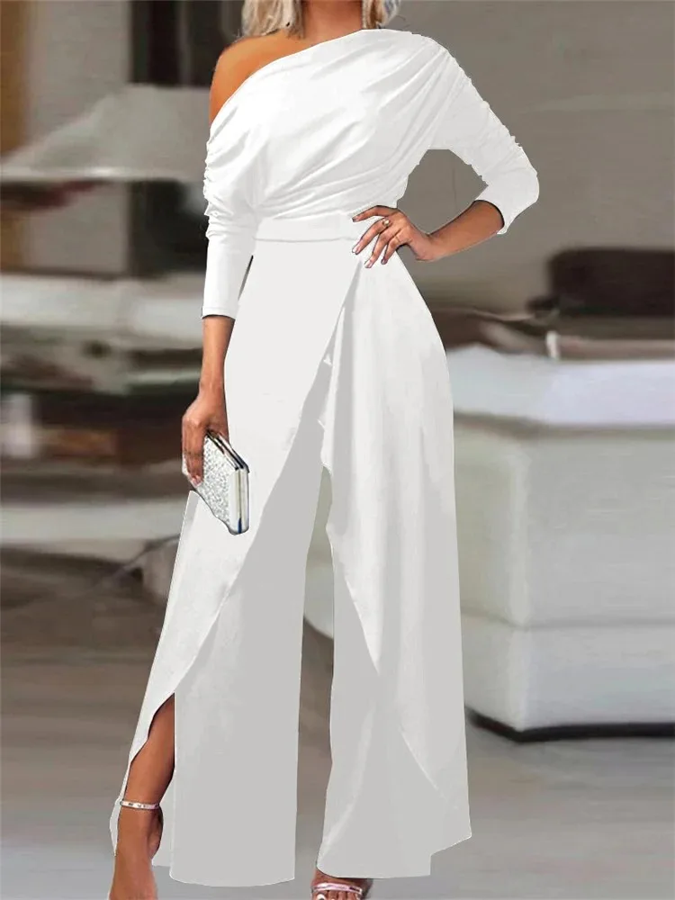 Elegant Jumpsuits for Women Spring New Plain Elegant Office Lady Loose Ruched Cold Shoulder Split Hem Wide Leg Jumpsuit OFE04