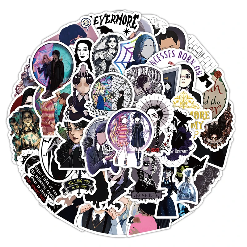 

Cartoon Anime Kawaii Wednesday Stickers for Laptop Suitcase Stationery Waterproof Decals Album Graffiti Kids Toys Birthday Gifts