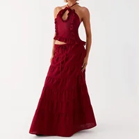 Ensemble jupe Maxi 2 pièces style Boho pour femmes, Y2k, Sexy, col licou, froncé, haut caraco, jupes à volants fluides à plusieurs niveaux, tenues de plage et de vacances 6