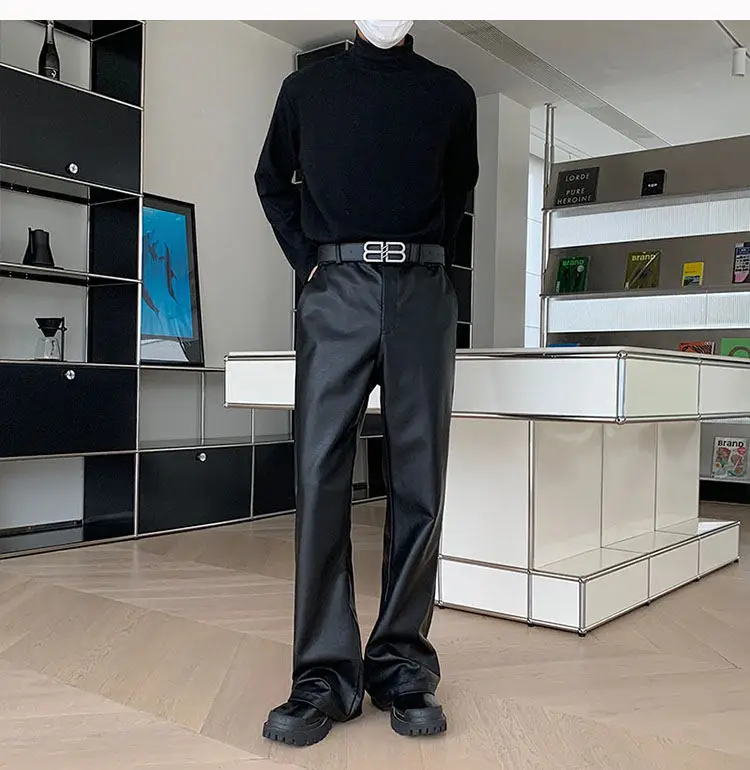Men's Korean Streetwear Fashion Vintage Loose Causal Leather Micro Flared Pants Man American Style High Street Trousers