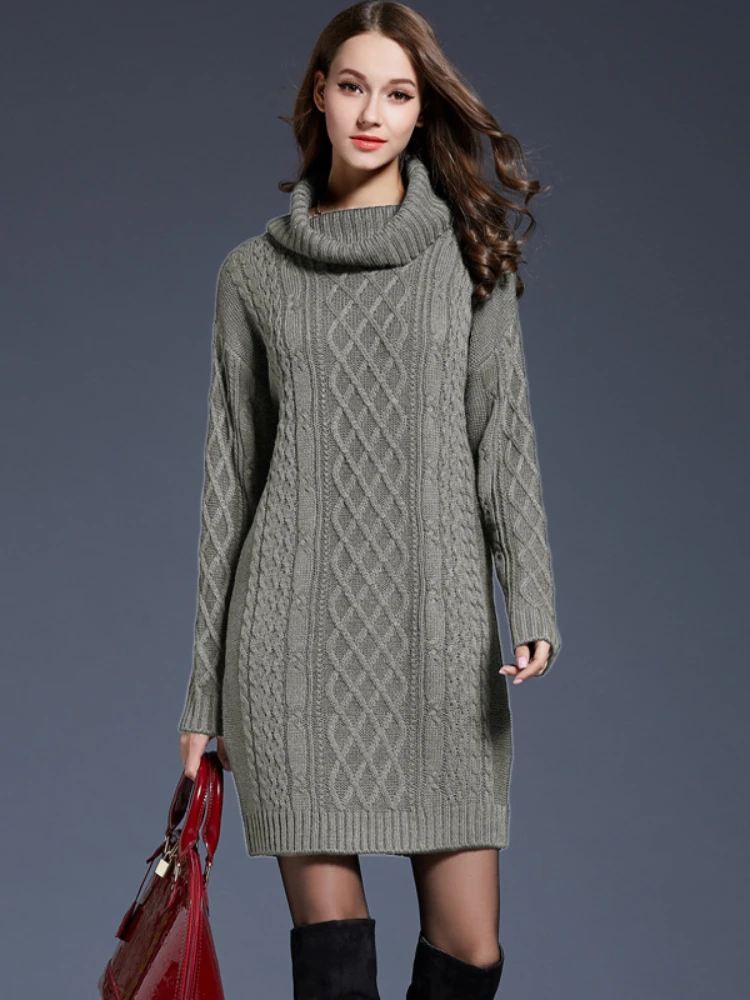 

2023 New Autumn Winter European and American Oversized Women Knitwear Dress Long High Neck Slim Solid Pullover Sweater Dresses