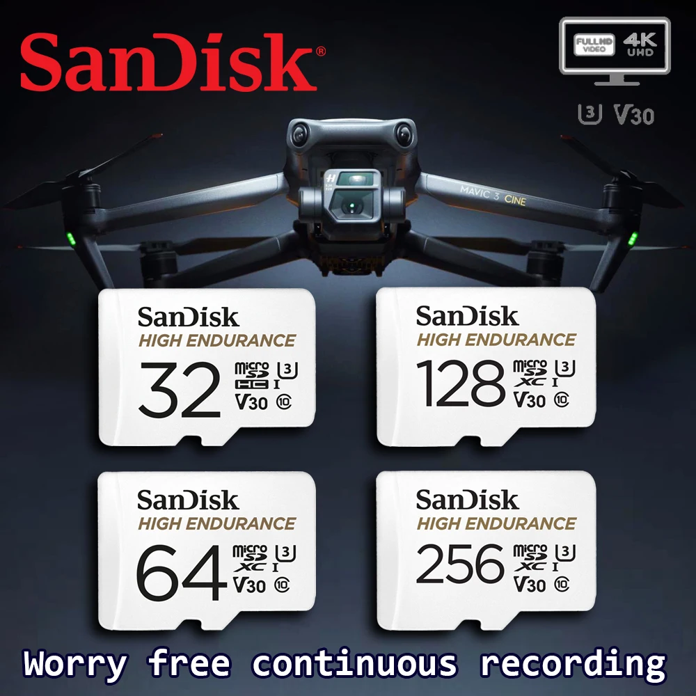 SanDisk DJI 매빅 대시 캠 홈 모니터링 시스템용 고내구성 비디오 마이크로 SD 카드, 4K UHD 마이크로 SDXC 메모리 카드, C10 U3 V30