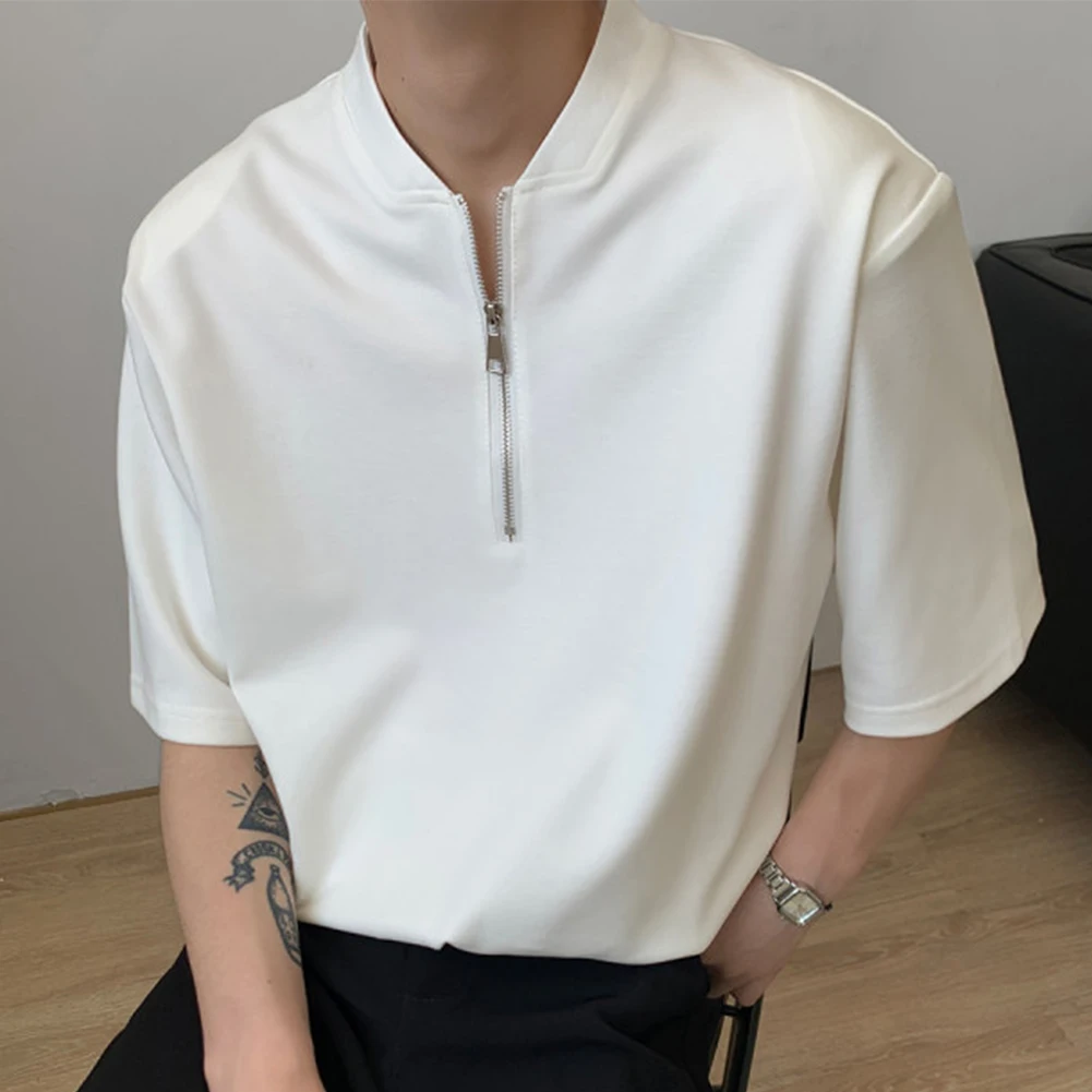 Description Picture 5 of itemHot New Business Casual Mens T Shirt Blouse Casual Half Open Neck Muscle Office Shirt Short Sleeve Solid Color