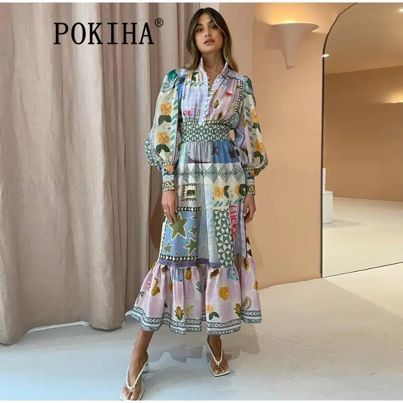 

KAAAZI Stand Collar Vintage Printed Vintage Long Dress Princess Sleeves Big Hem Loose Maxi Dress Casual Fashion Women Elegant