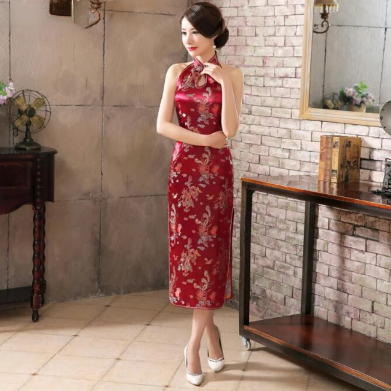 Vintage Lady Sexy Satin Qipao Evening Dress Classic Backless Cheongsam Female Traditional Chinese Wedding Dress Oriental Qipao