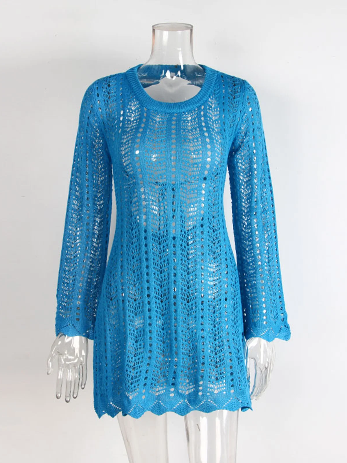 Colors Long Sleeve Backless Crochet Knitted Tunic Beach Cover Up