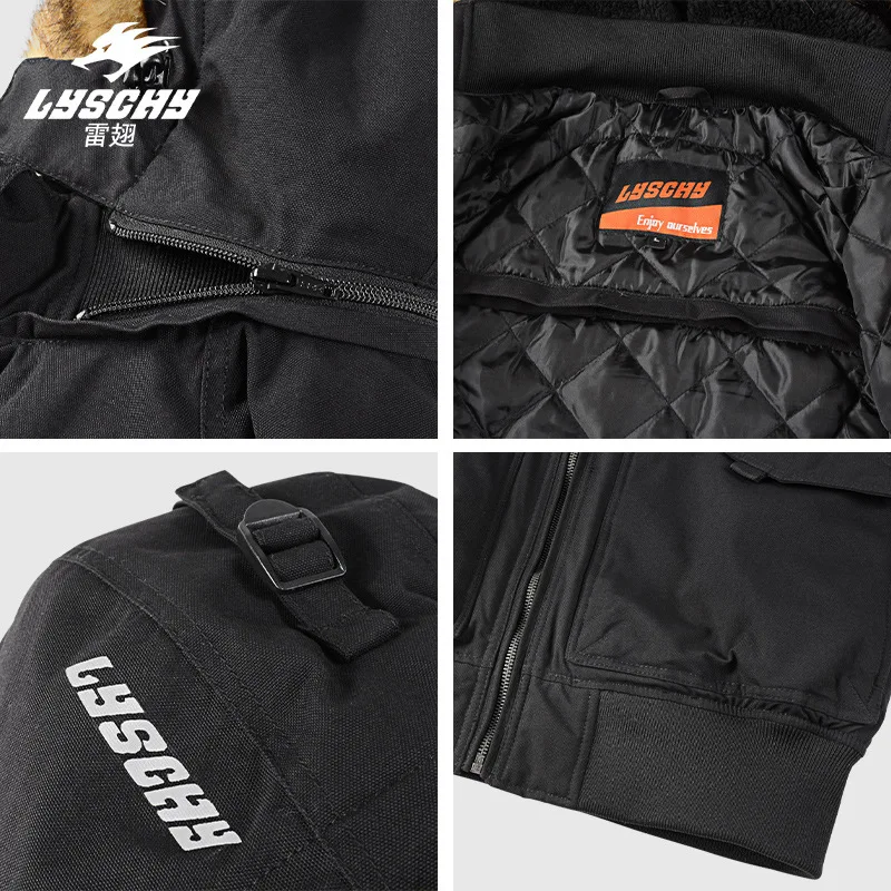 새로운 남성용 블랙 겨울 항공 점퍼 오토바이 라이딩 코트 탈부착 가능한 후드 방풍 따뜻한 오토바이 재킷 남성용