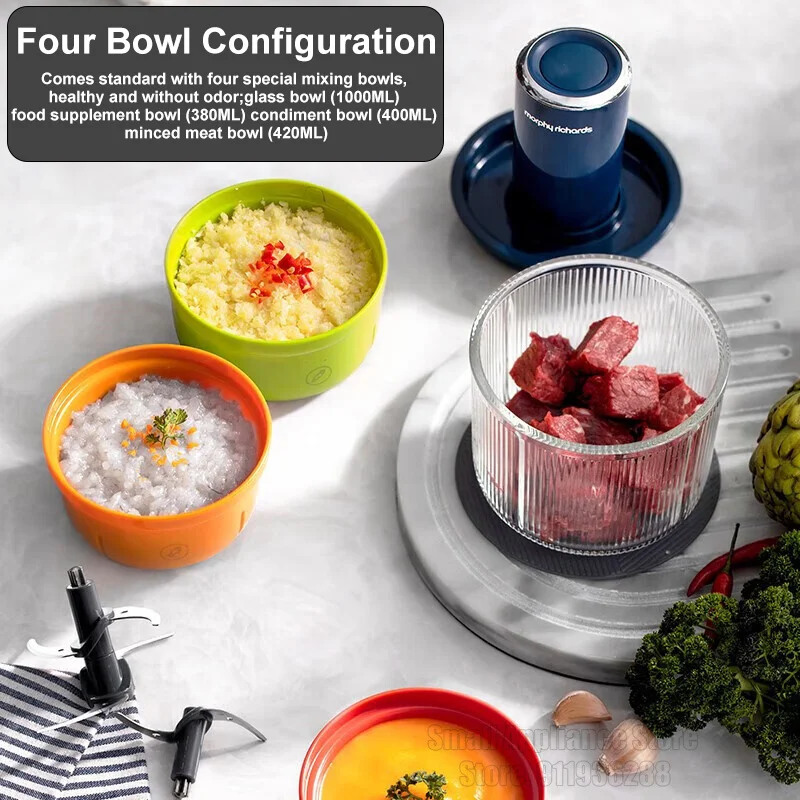Morphy Richards 전기 고기 연마기 푸드 프로세서 다지기, 4 그릇 주방 기계, 야채 다지기 메이커, 가정용 연마기
