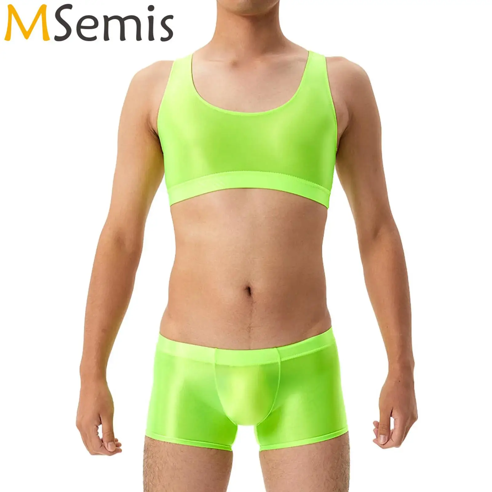Costumi Da Bagno Uomo Oil Glossy Lingerie Costume Da Bagno Set Senza Maniche Con Scollo A U Crop Top Con Boxer Swimming Truck Underwear