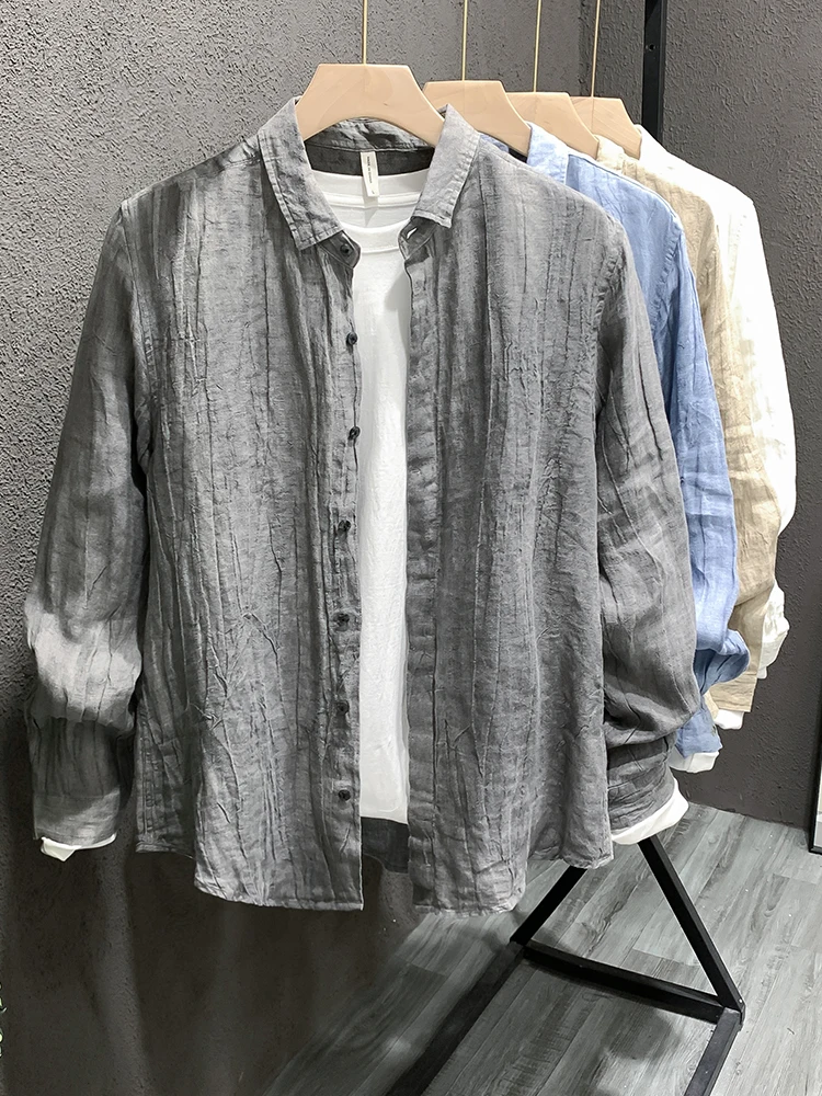  Casual Linen irt Long Sve Youth Men's Faionable Urban Sle Spring Autumn Wear Iron Free Personali Coat