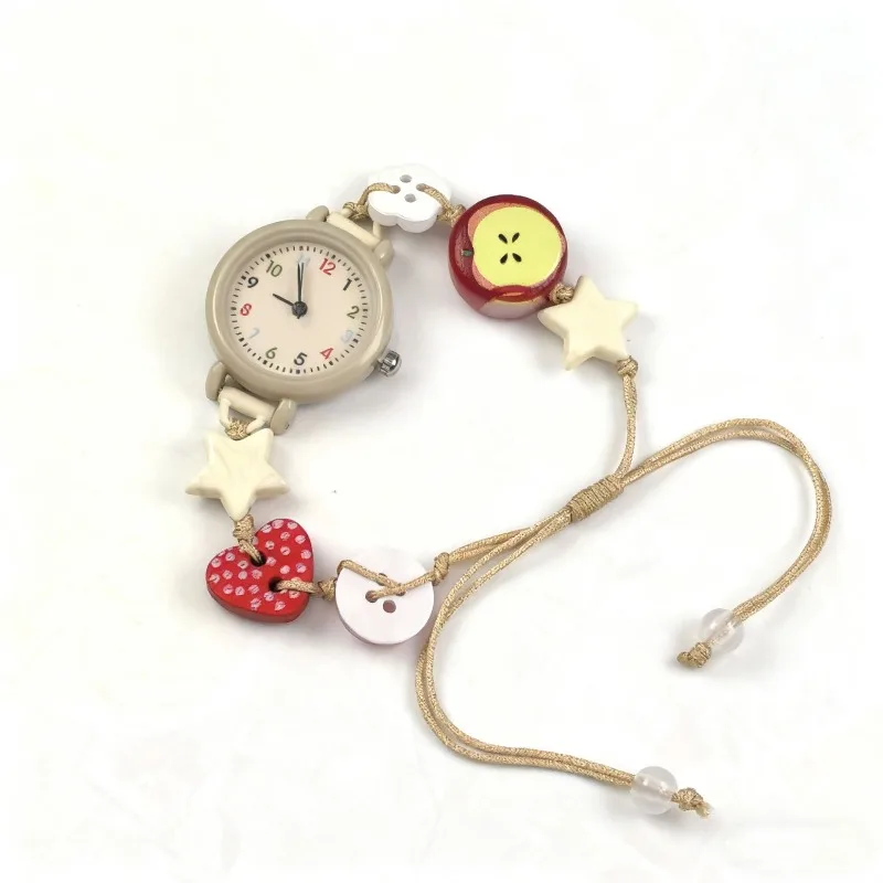 Cute Woven Red Apple Bracelet Watch for Girls Women Adjustable Star Heart Apple Beaded Pendant Quartz Watch Kids Gift