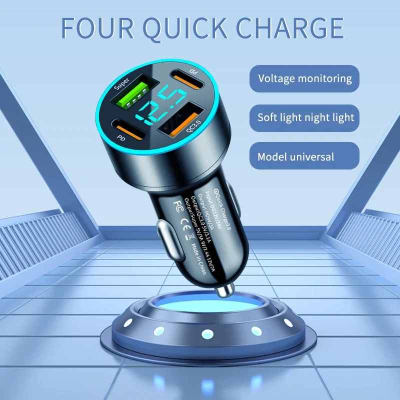 4 Port PD QC3.0 USB C Car Charger Fast Charging Type C Car Phone Charger Adapter For iPhone Samsung Xiaomi Huawei LED Display