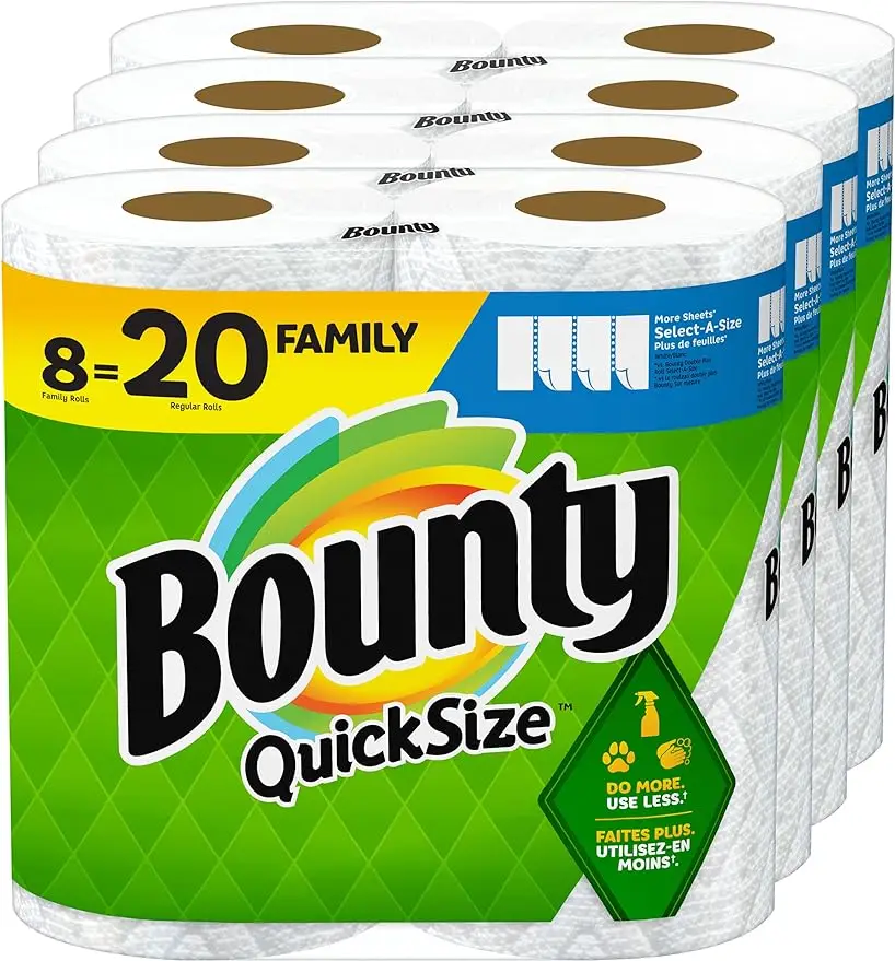 

Bounty Quick Size Paper Towels, White, 8 Family Rolls = 20 Regular Rolls