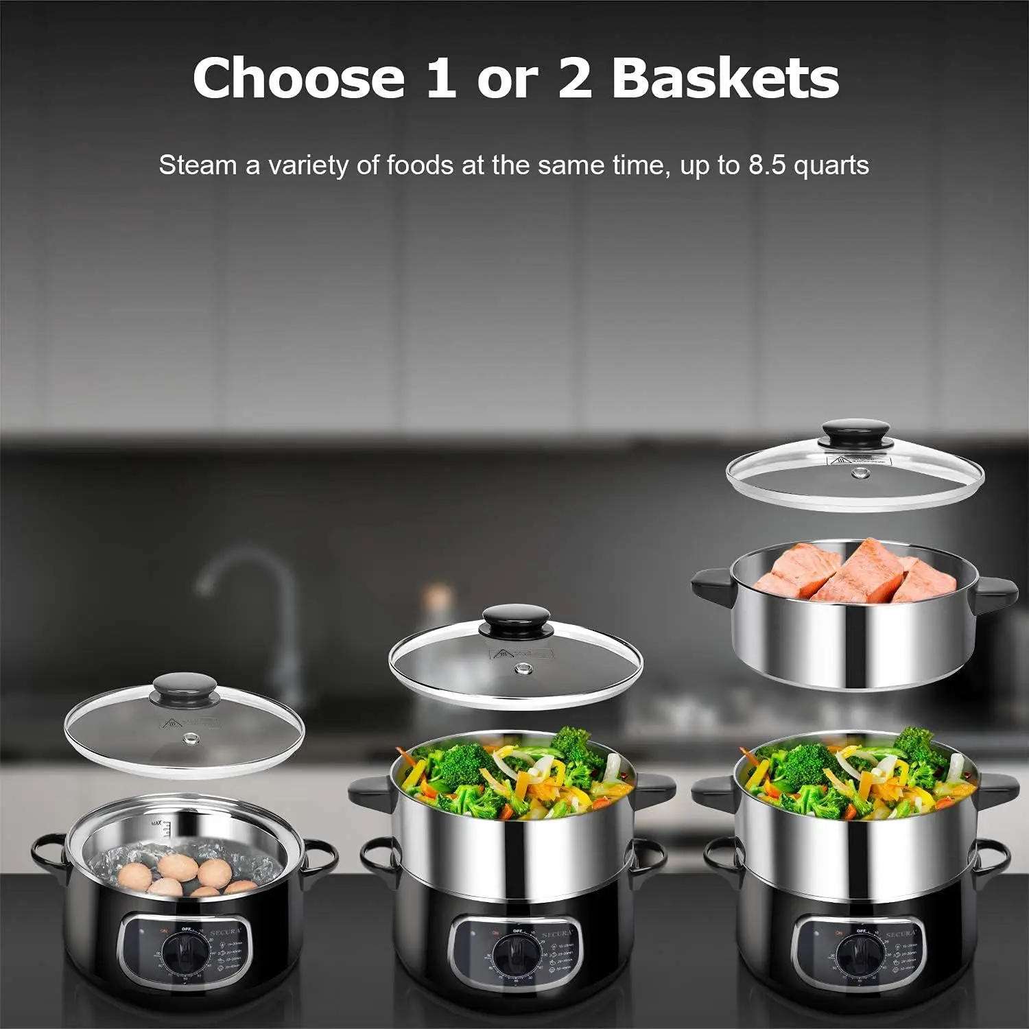 Stainless Steel Food Steamer 8.5 Qt Electric Glass Lid Vegetable Steamer Double Tiered Stackable Baskets with Timer 3
