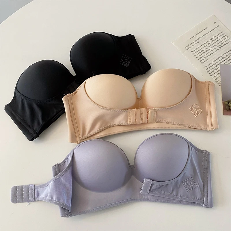 BANNIROU Strapless Front Buckle Bra For Woman Solid Soft Lingerie Wire Free Sexy Underwear Lady Push Up Strapless Bras Female