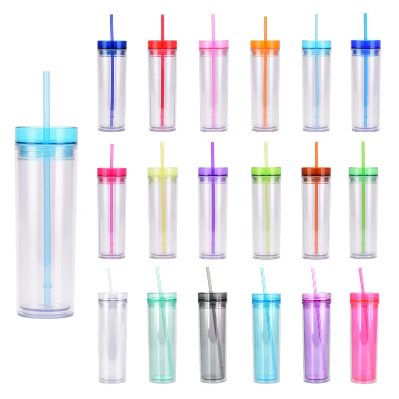 Wholesale 16oz Plastic Skinny Tumbler Slim Juice Cups Candy Colors With Lid  And Straw Portable Water Bottle For Party Gift - AliExpress