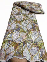 High Quality African Lace Fabric Light Gold French Net Sequins Fabric Sewing Embroidered Lace Tulle Nigerian Lace Fabric 5Yards 5