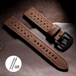 Vintage Perforated Leather Racing Style Watch Band - Breathable Cowhide Strap - 20mm (Dark Brown)