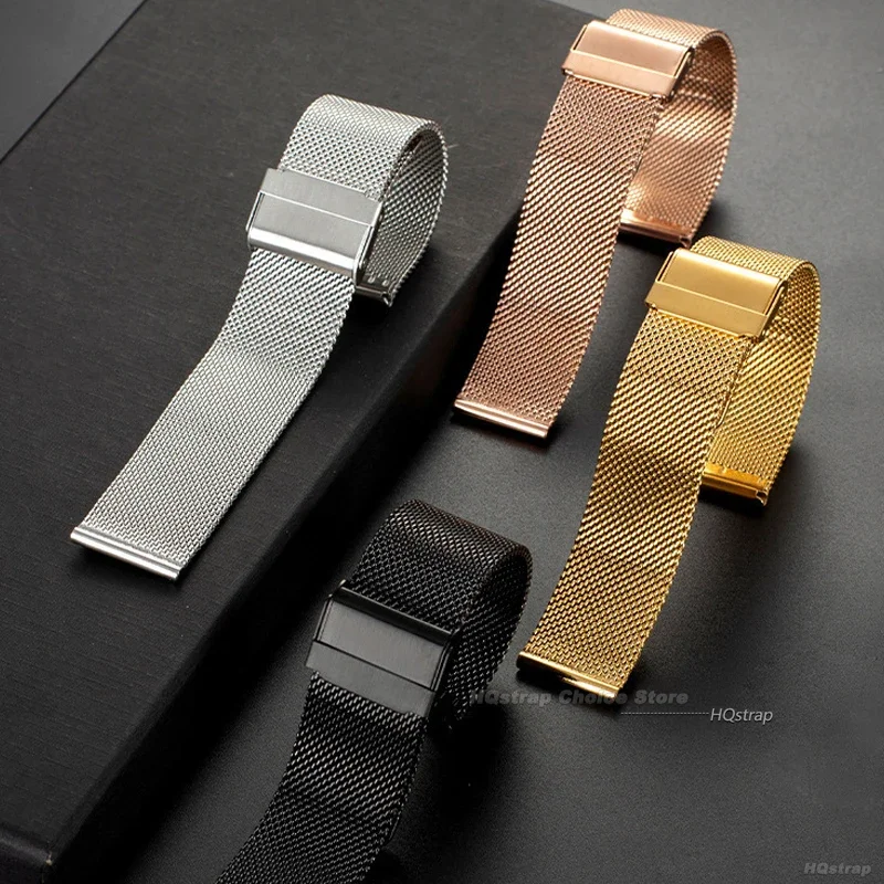 Elegant Milanese Stainless Steel Mesh Watchband Bracelet in Black & Rose Gold
