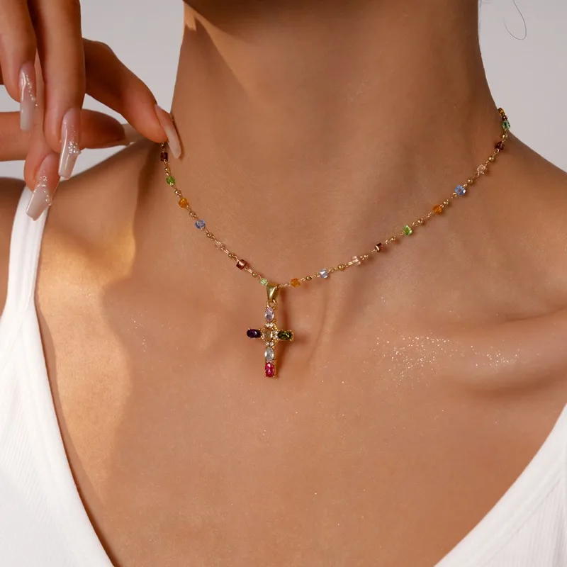 Fashion Colorful Zircon Cross Pendant Necklace for Women Stainless Steel Silver Color Charm Crystal Beaded Chain Necklace