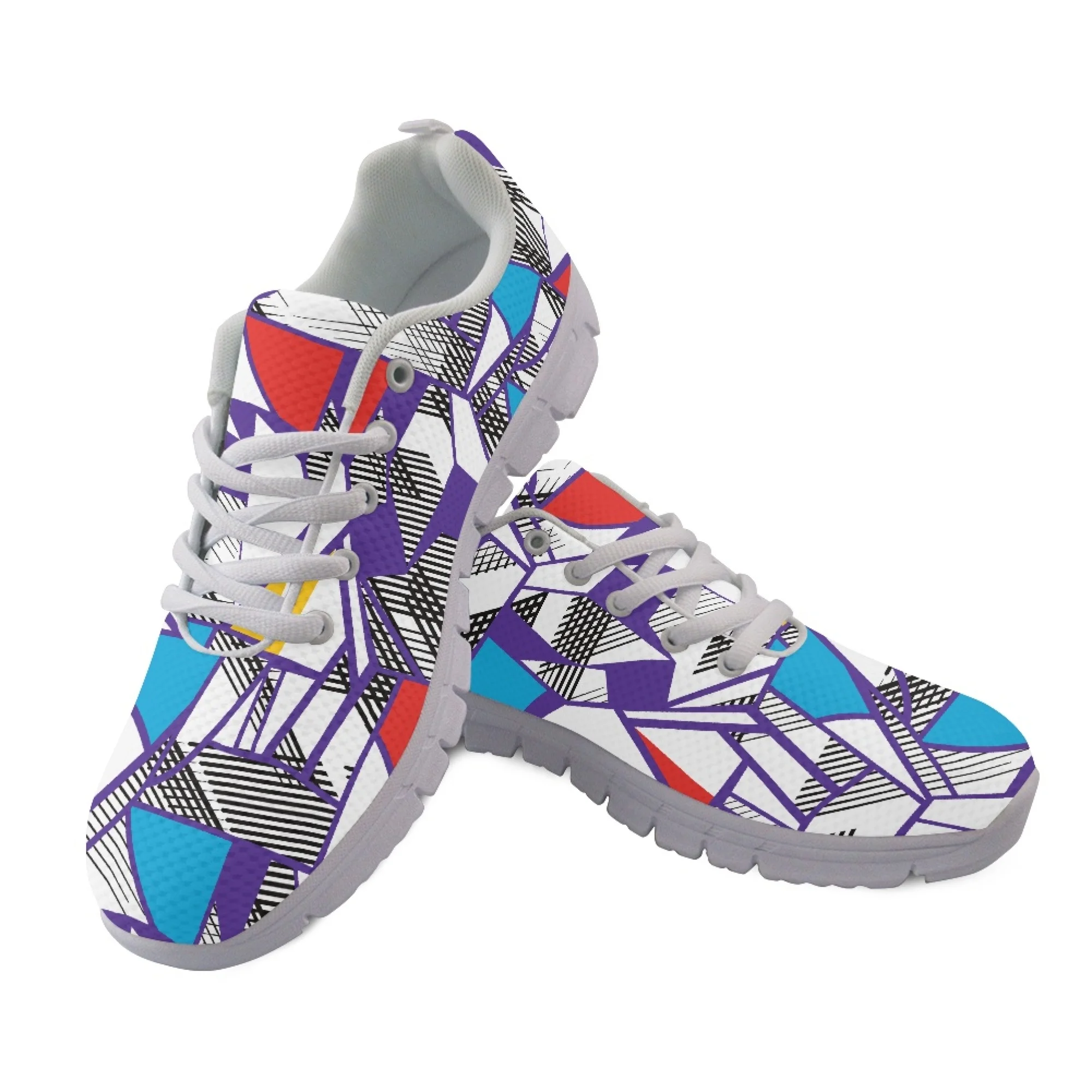 

Yikeluo Abstract Geometric Pattern Print Flats Shoes for Woman Lace Up Sneakers Brand Design Spring Mesh Female Footwear Mujer