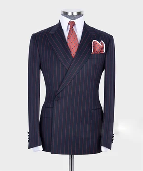 Abito da uomo blu Navy a righe doppio petto 2 pezzi abiti Blazer pantaloni autunno/inverno affari formali per smoking da sposo di nozze 1