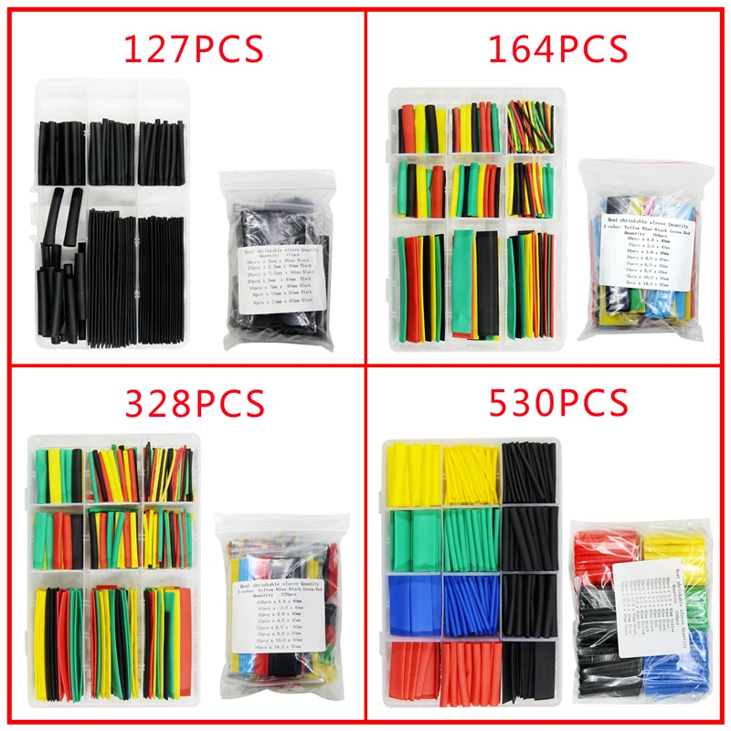 127-530pcs Heat-shrink Tubing Thermoresistant Heat Shrink Tube Wrapping Kit Electrical Connection Wire Cable Insulation Sleeving