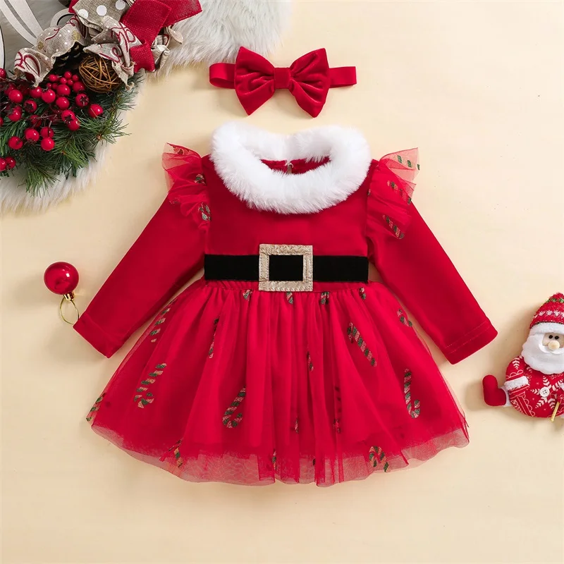 3M-3Y Baby Girls 2Piece Christmas Outfits Ruffled Long Sleeve Plush Round Neckline Tulle Dress + Bow Headband Set Infant Clothes girls dress baby girl dress