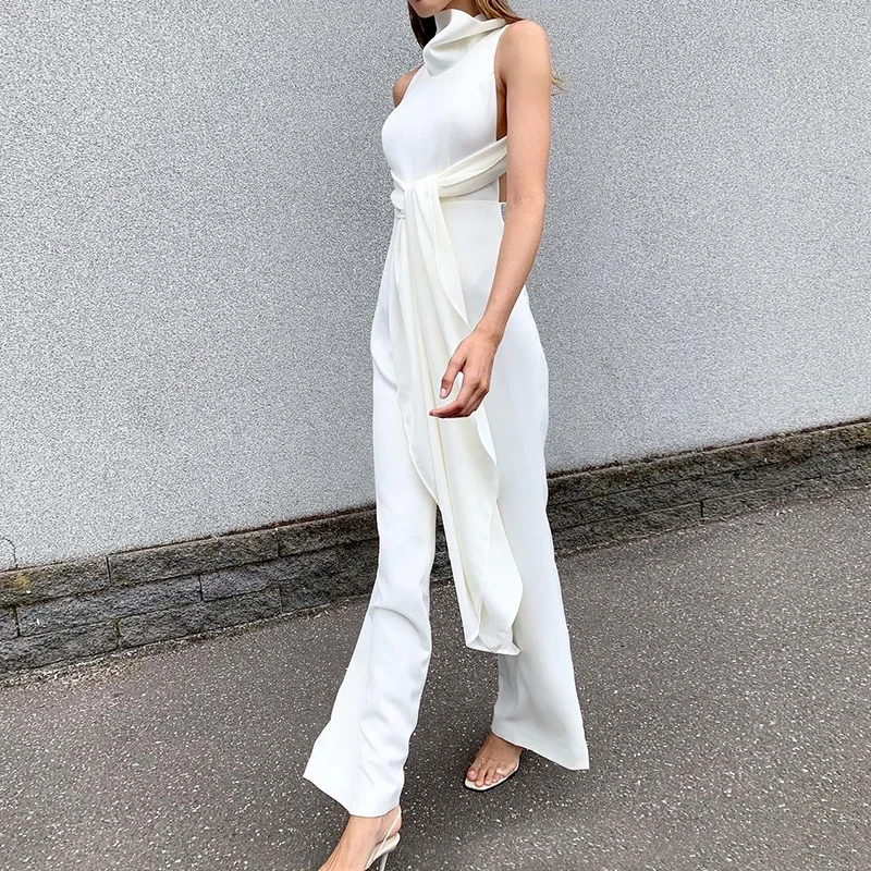 2021 Summer Women Sexy Hollow Out Backless Jumpsuit OL Party All-Match Lace Up Cloak Sleeveless Full Length Jumpsuit Vestidos