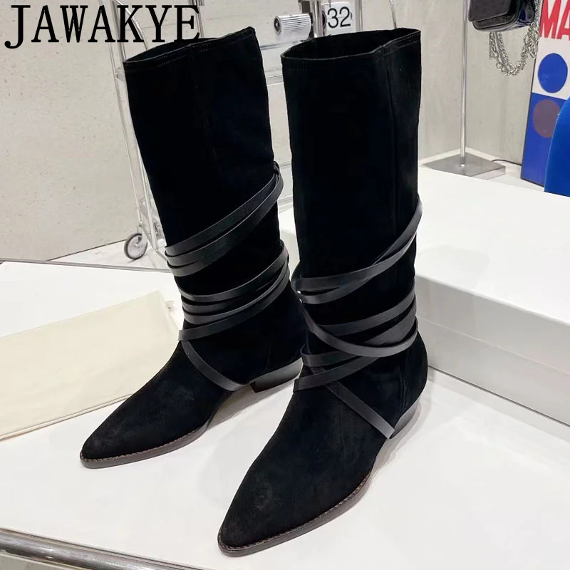 

Kid Suede Knee-high Boots Women Shoes Pointed Toe Lade Up Cowboy Boots For Women Casual Desiger Botas Femininas High Heel Shoes