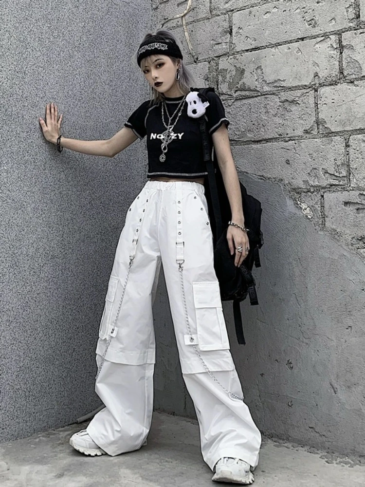 ADAgirl White Cargo Pants Women Streetwear Fashion Baggy Chain High Waist Wide Leg Casual Sweatpants Y2k Vintage Mujer Trousers