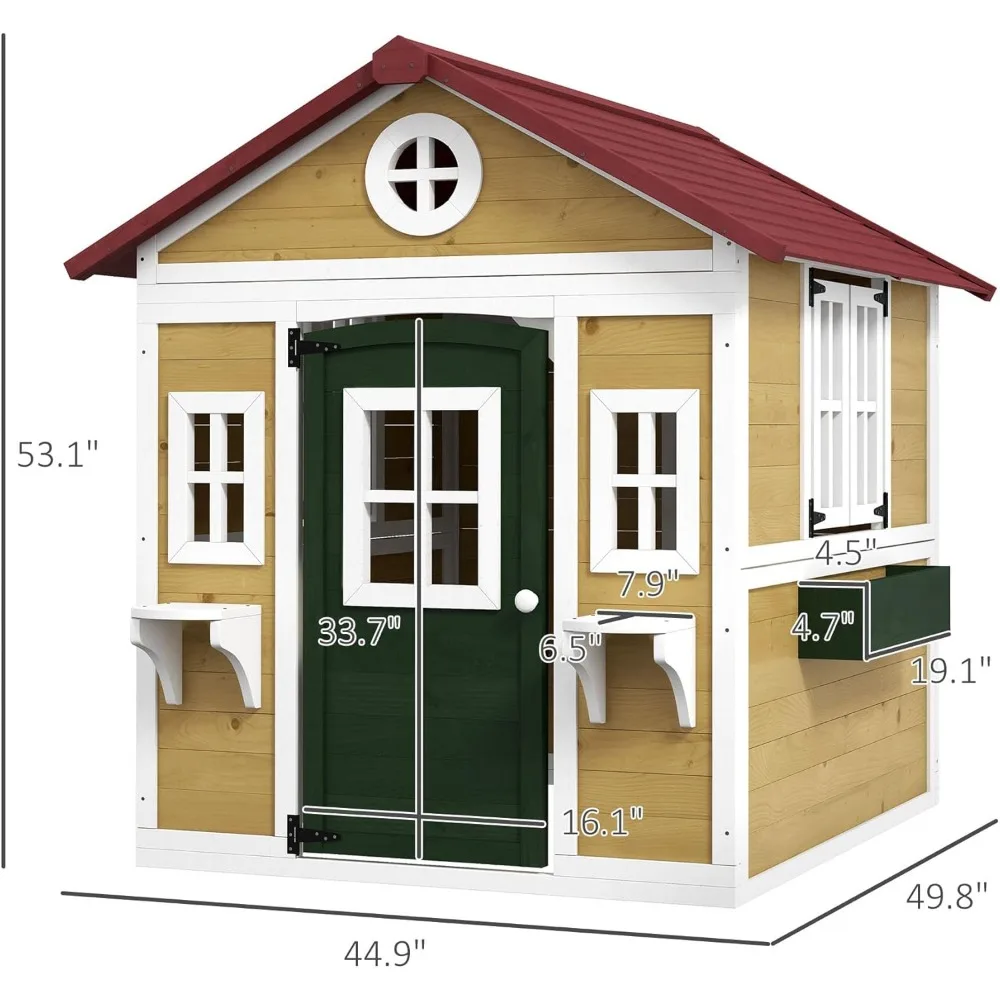Outsunny Playhouse for Kids Outdoor, Wooden Playhouse with,Planter Pots Boxes for Toddlers 3-8 Years, Cottage Play House 5