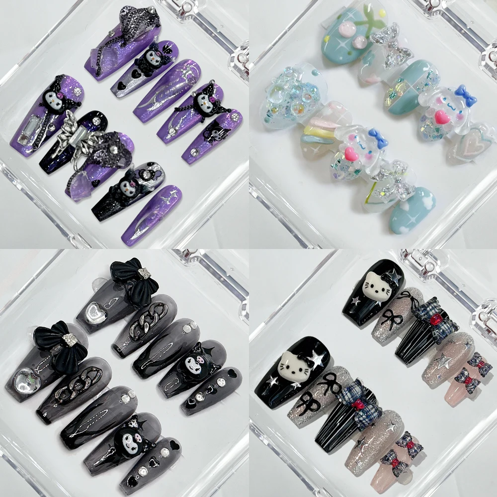 

Various Styles Kawaii Cartoon Handmade Fake Nails Hello Kitty Cinnamoroll Mymelody Gothic Luxury Diamond Press on Nail Girl Gift